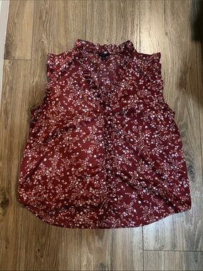 Ann Taylor Burgundy Floral Ruffle Sleeveless Blouse